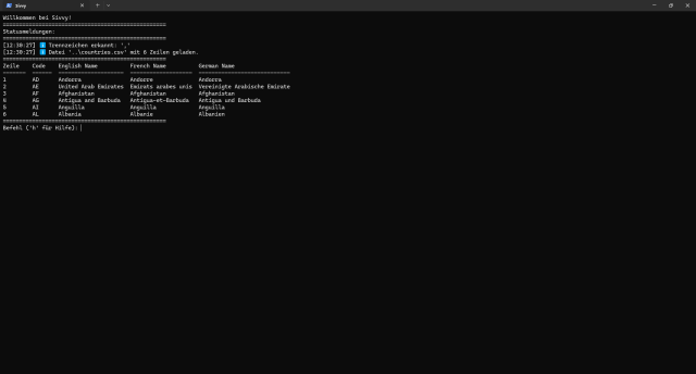 Sivvy-Bildschirmfoto. Eine Tabelle mit Ländernamen in verschiedenen Sprachen ist geöffnet.